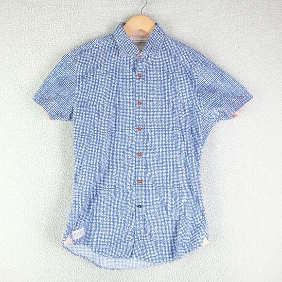 A Fish Name Fred Shirt Mens Medium Blue White Dot Geometric Button Up - Picture 1 of 11